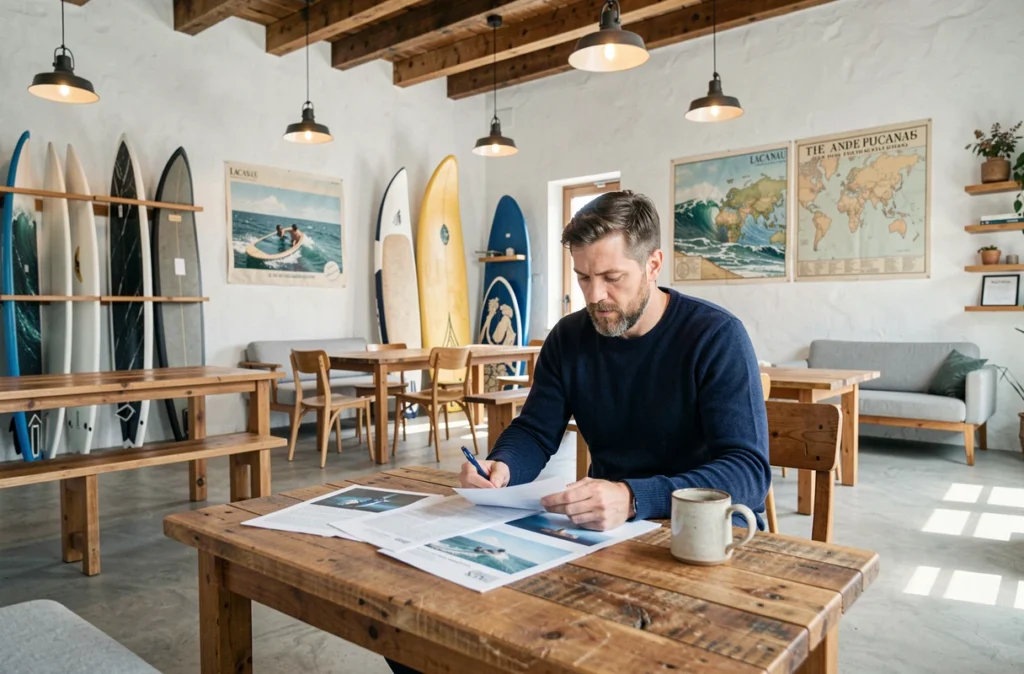 Homme travaillant dans un espace de coworking à thème surf à Lacanau avec décorations marines et planches de surf