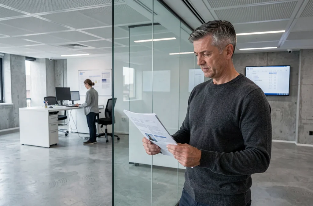 Professionnel consultant des documents dans un espace de coworking ouvert à Vertou avec cloisons en verre