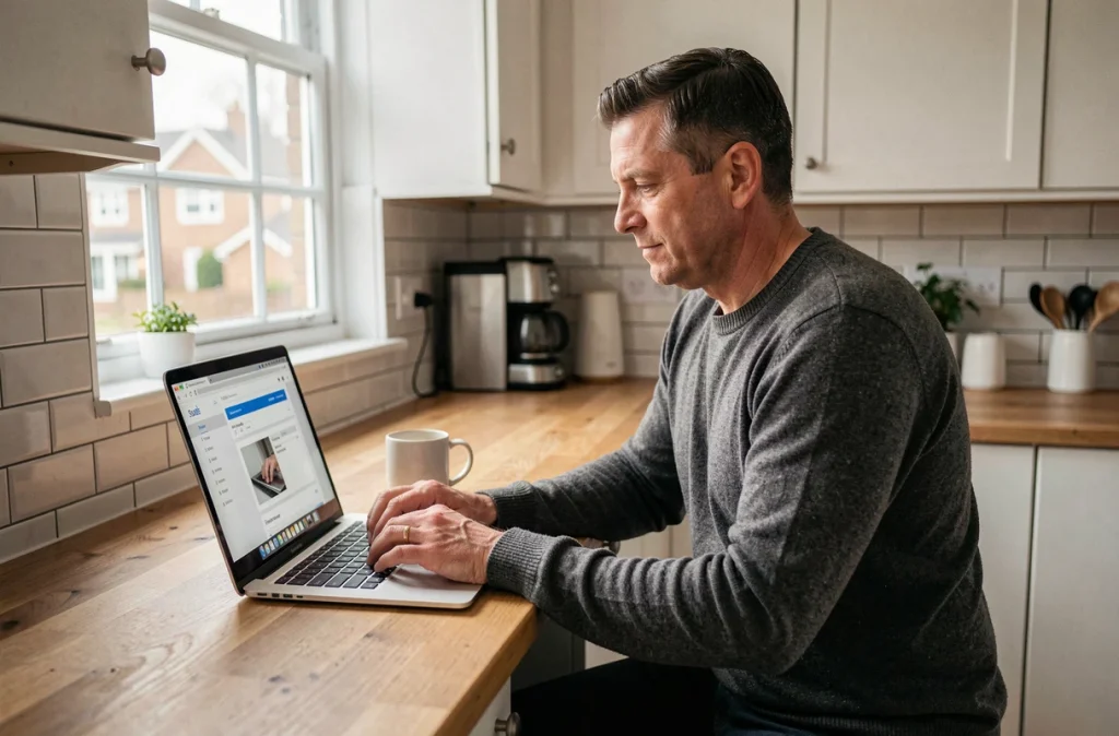 Homme utilisant un portail client en ligne sur ordinateur portable depuis son domicile