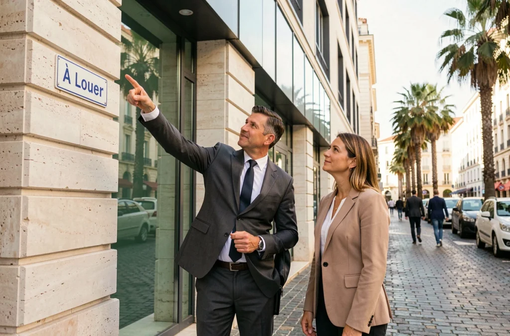 Deux professionnels devant un immeuble de bureaux à louer en centre-ville d'Ajaccio avec panneau de location