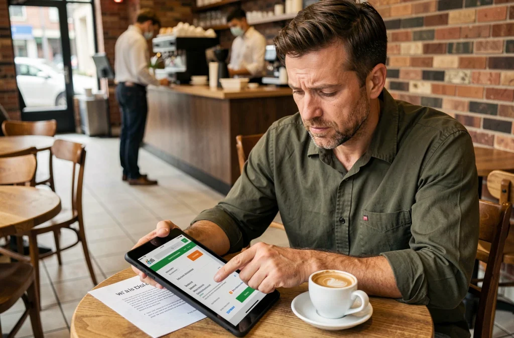 Travailleur indépendant comparant des offres d'assurance responsabilité civile professionnelle sur une tablette dans un café urbain