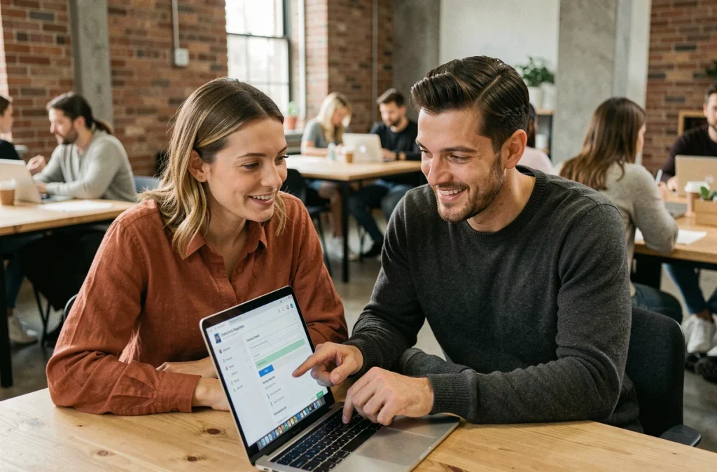 Deux collègues analysant l'intégration d'un live chat dans un CRM dans un espace de coworking