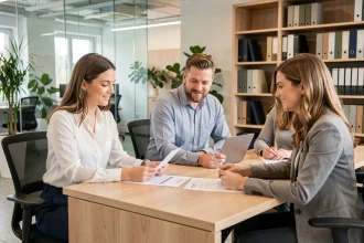 Séance d'intégration professionnelle dans une entreprise de service moderne avec trois collaborateurs autour d'une table de réunion