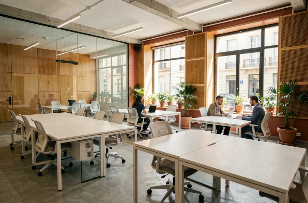 Vue intérieure d'un espace de coworking moderne et lumineux à Perpignan avec bureaux et salle de réunion vitrée