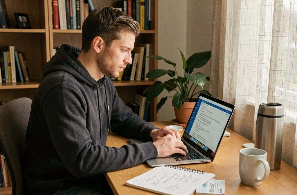 Jeune salarié travaillant depuis chez lui et consultant des informations sur le calcul des 35 heures pour un CDI ou CDD