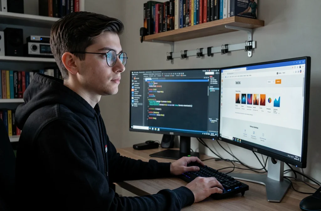 Développeur web de JEWEBS travaillant sur le code d'un site internet depuis son poste de travail avec double écran