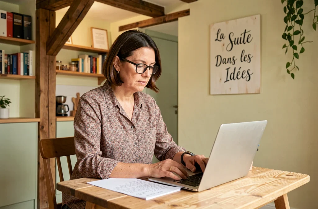 Femme concentrée à La Suite Dans les Idées à Neufchâtel-en-Bray, espace de coworking chaleureux en Normandie