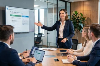 Une manager en blazer marine anime une réunion d'équipe dans un bureau moderne, illustrant le leadership au quotidien