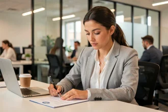 Jeune femme cadre signant une lettre de rupture conventionnelle CDI dans un bureau moderne