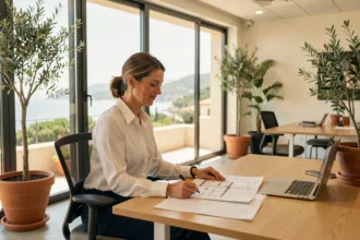 Femme professionnelle analysant des documents dans un bureau moderne à Ajaccio avec vue sur la Méditerranée