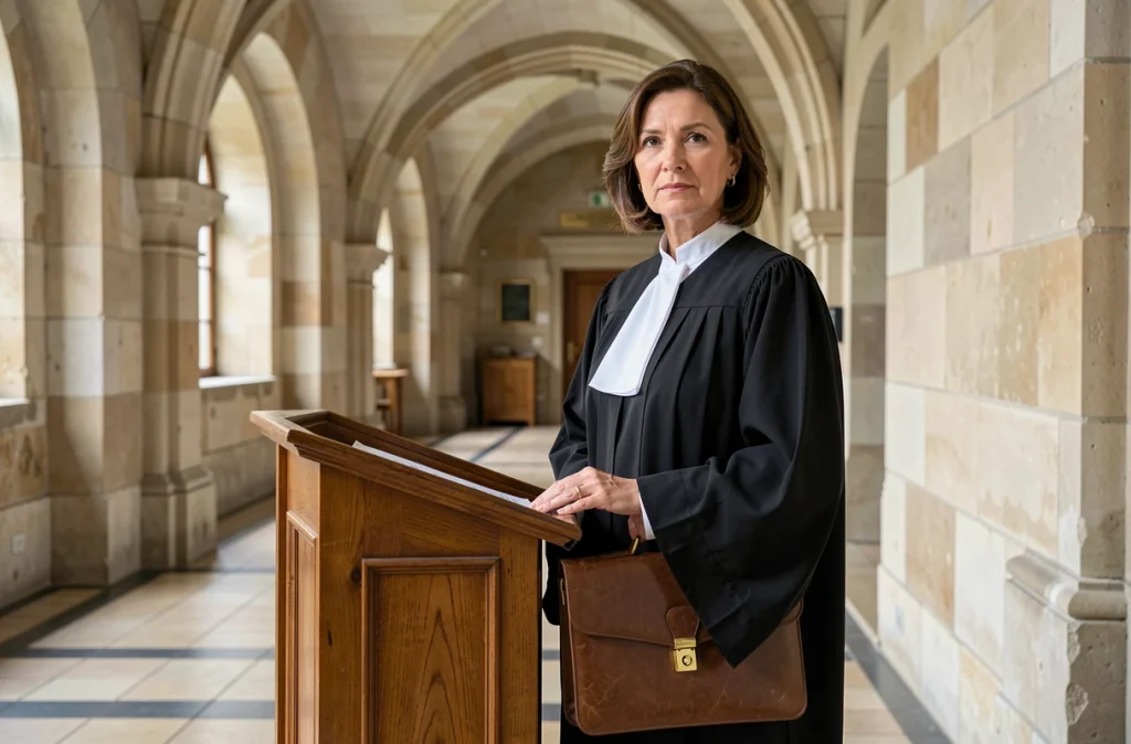 Maître Béatrice Vesvres, avocate au barreau de Pontoise, en robe d'avocat dans le palais de justice