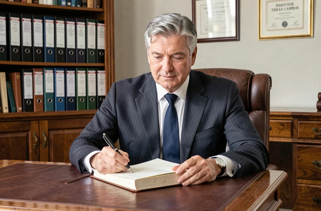 Maître Laurent Binet, avocat à Pontoise, dans son bureau traditionnel rédigeant des actes juridiques
