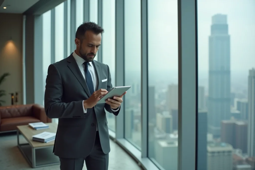 Manager d'audit Big 4 en costume debout près d'une fenêtre de gratte-ciel, consultant une tablette pendant la saison des audits