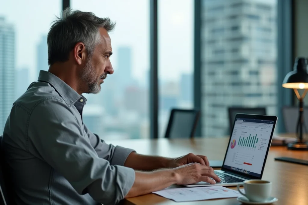 Manager homme utilisant un portail de gestion d'équipe sécuritas sur ordinateur portable dans un bureau vitré moderne