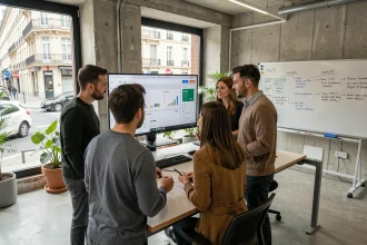 Équipe d'une agence Google Ads en Gironde travaillant ensemble autour d'un tableau de bord de campagnes publicitaires