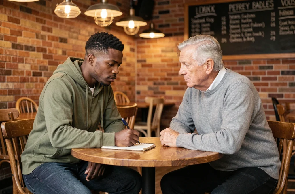 Un jeune homme prend des notes lors d'une session de mentorat dans un café, symbolisant l'apprentissage du leadership et du management pour débutants