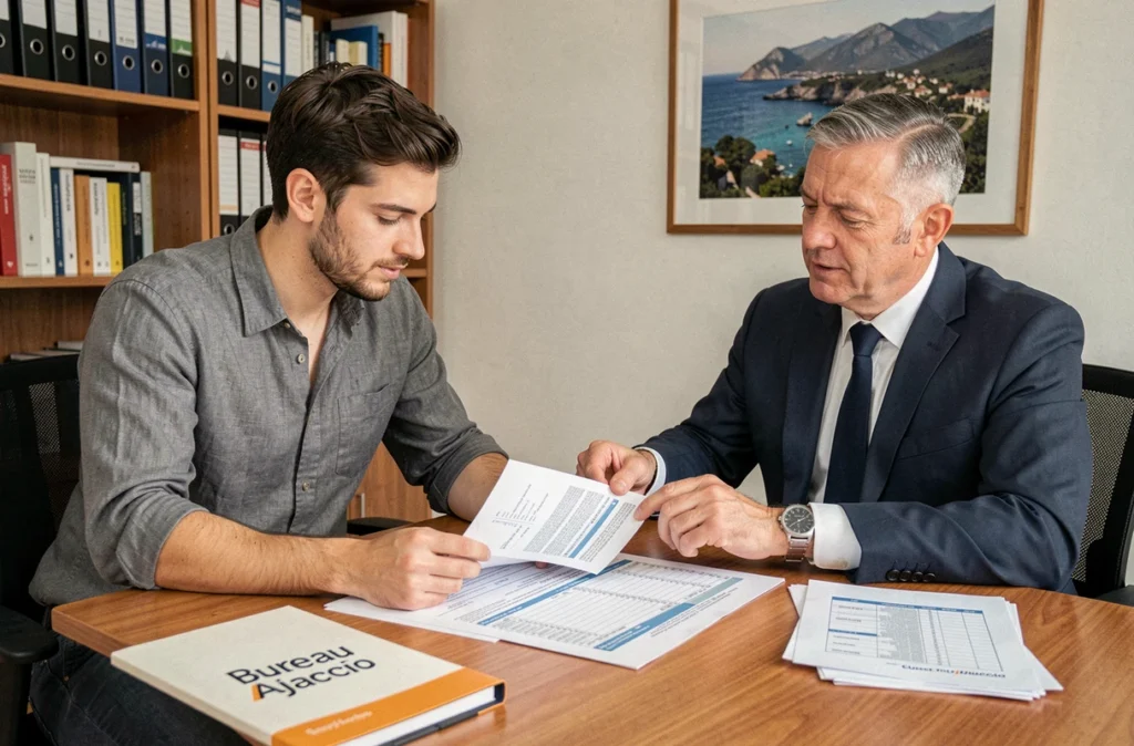 Entrepreneur discutant du budget de location d'un bureau à Ajaccio avec un agent immobilier et un contrat de bail