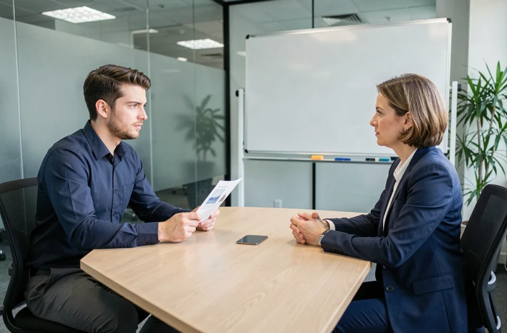 Employé discutant d'une rupture conventionnelle avec les ressources humaines en salle de réunion