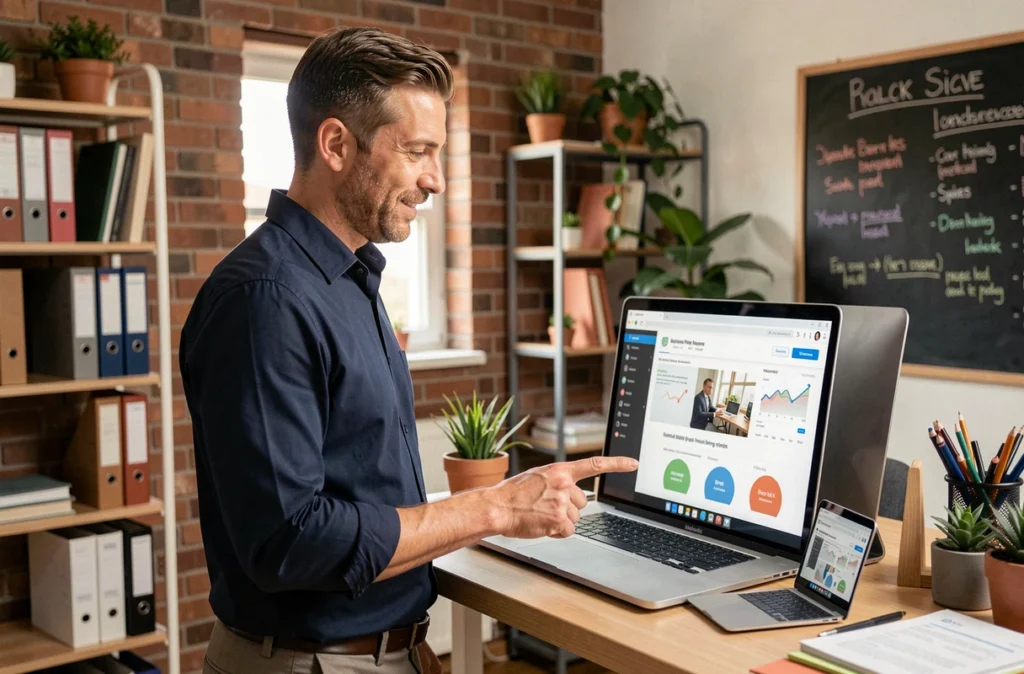 Consultant en marketing digital de Neocamino présentant une stratégie de référencement sur un écran d'ordinateur