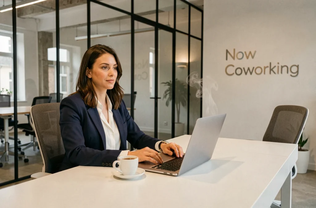 Femme travaillant dans l'espace de coworking Now Coworking à Rouen avec bureaux modernes et verrières