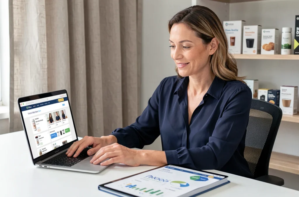 Entrepreneur e-commerce utilisant la plateforme Oxatis pour gérer la création et les ventes de sa boutique en ligne