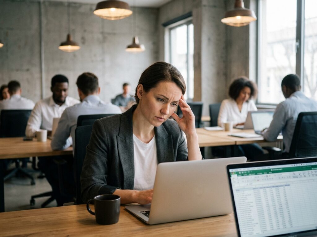 Femme en portage salarial calculant son revenu net dans un espace de coworking moderne, comparant statuts freelance et salarié