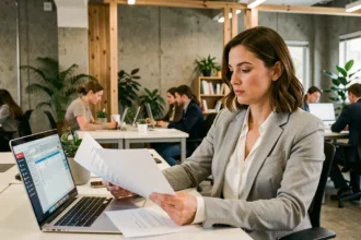 Femme professionnelle en portage salarial travaillant dans un espace de coworking moderne, comparant des documents liés à son statut freelance