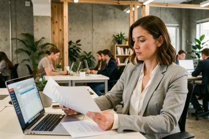 Femme professionnelle en portage salarial travaillant dans un espace de coworking moderne, comparant des documents liés à son statut freelance