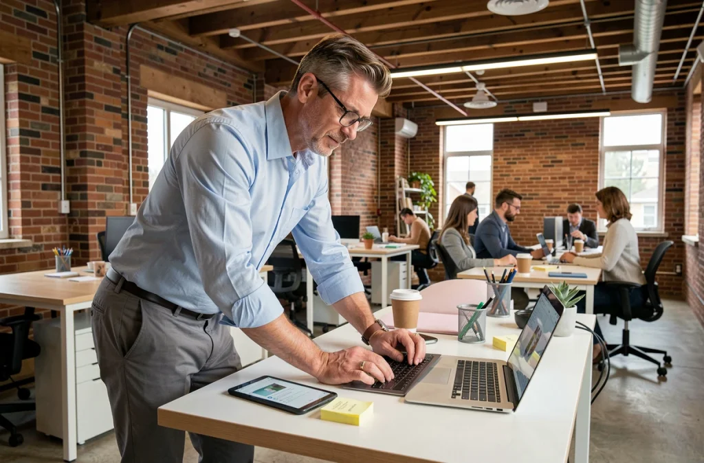 Professionnel gérant des interactions clients sur tablette et ordinateur portable dans un espace de coworking moderne pour un service client multicanal
