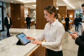 Réceptionniste d'hôtel utilisant une tablette numérique pour accueillir un client, illustrant la digitalisation des métiers du service