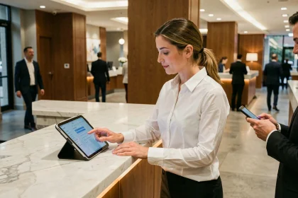 Réceptionniste d'hôtel utilisant une tablette numérique pour accueillir un client, illustrant la digitalisation des métiers du service