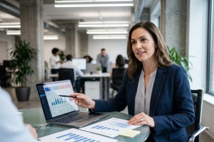 Responsable commerciale analysant les résultats d'une prospection externalisée dans un bureau moderne avec des rapports imprimés et un CRM sur ordinateur portable