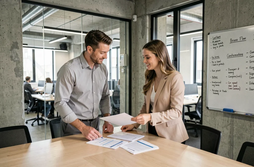Deux entrepreneurs en réunion discutant d'une assurance responsabilité civile professionnelle dans un espace de co-working moderne