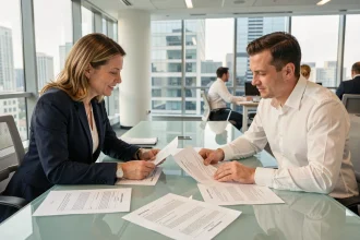 Réunion professionnelle entre une responsable et un fournisseur autour de contrats de prestation dans une salle de réunion moderne