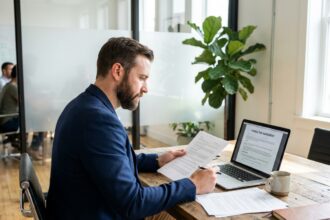 Salarié porté assis à un bureau de coworking, consultant un contrat sur ordinateur portable et documents papier, illustrant le statut de portage salarial