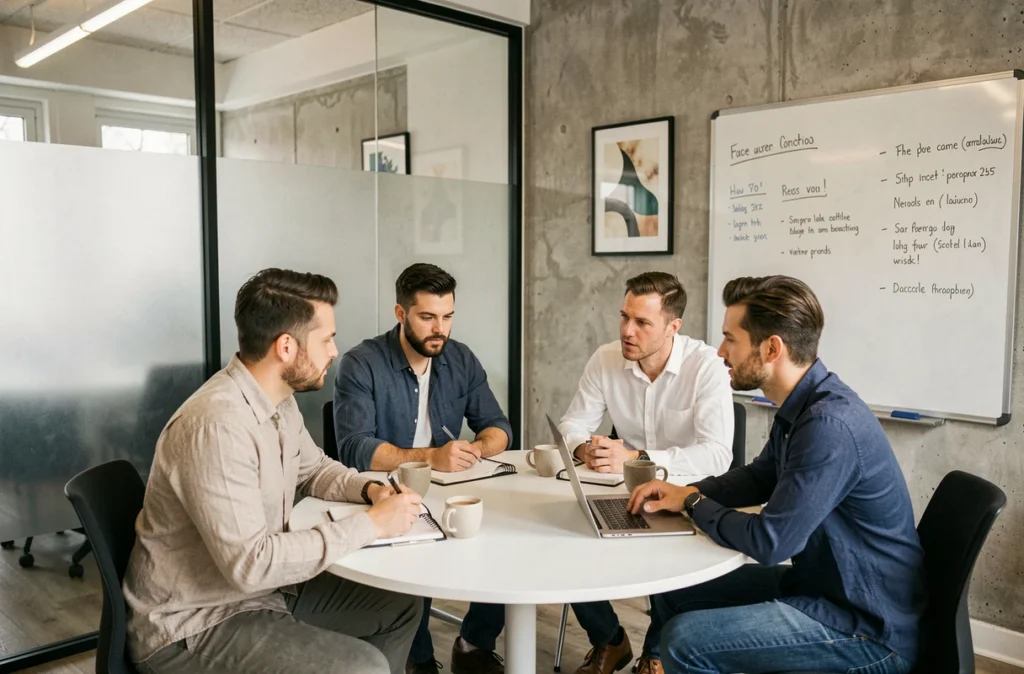 Salle de réunion privée dans un espace coworking Harrycow avec professionnels en réunion