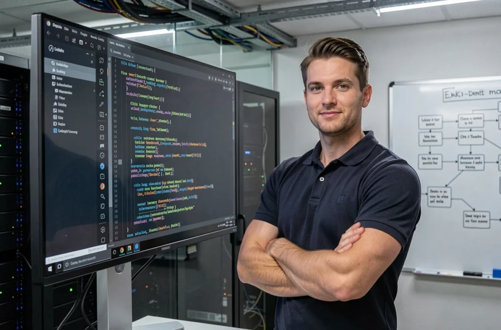 Développeur senior de SDX Development devant un écran affichant une architecture technique de site web complexe