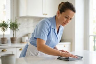 Professionnelle du ménage à domicile nettoyant un plan de travail dans une cuisine moderne à Montmorency
