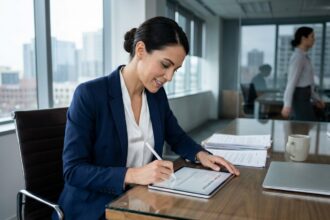Femme professionnelle signant un document électronique sur une tablette dans un bureau moderne, illustrant la signature électronique eIDAS