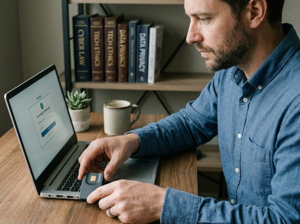 Homme utilisant un lecteur de carte à puce pour une signature électronique qualifiée sur ordinateur portable, en lien avec le règlement eIDAS