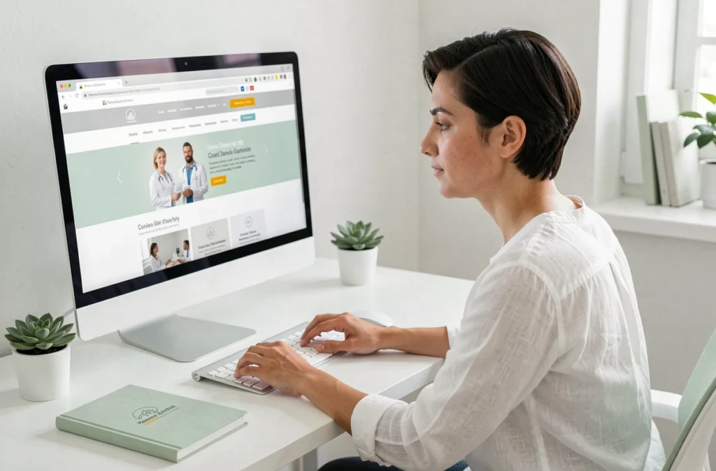 Designer web de Simplébo travaillant sur la création d'un site professionnel pour un client, dans un bureau minimaliste