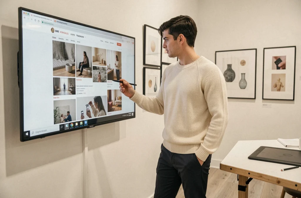 Directeur créatif de Studio Flavien présentant un site web au design soigné sur un grand écran dans son studio artistique