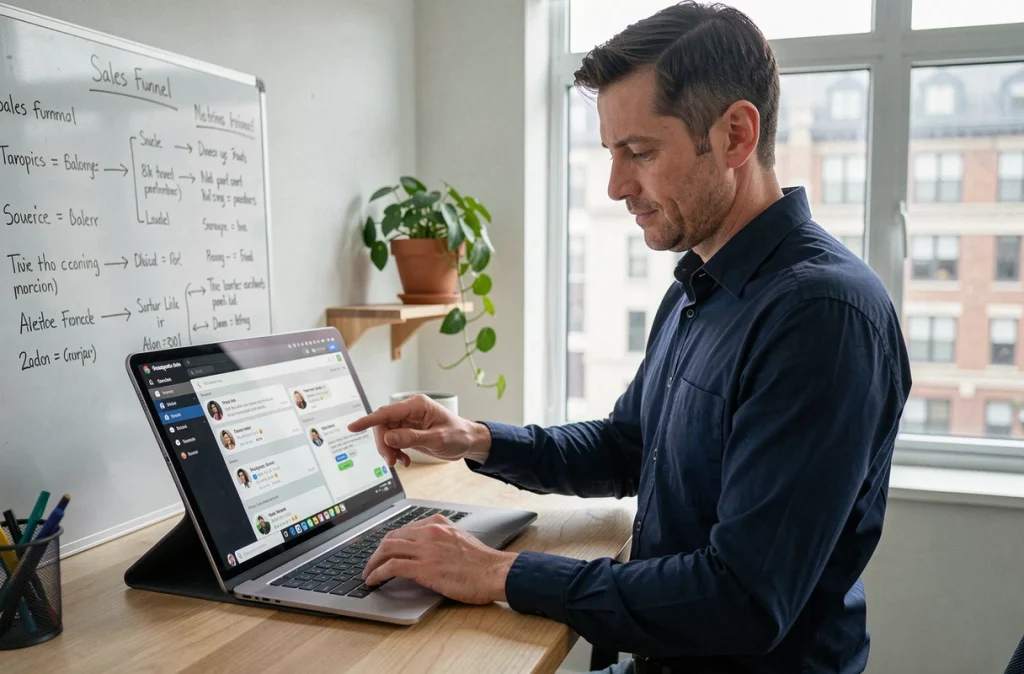 Homme utilisant une tablette pour synchroniser un live chat avec un CRM depuis un bureau à domicile