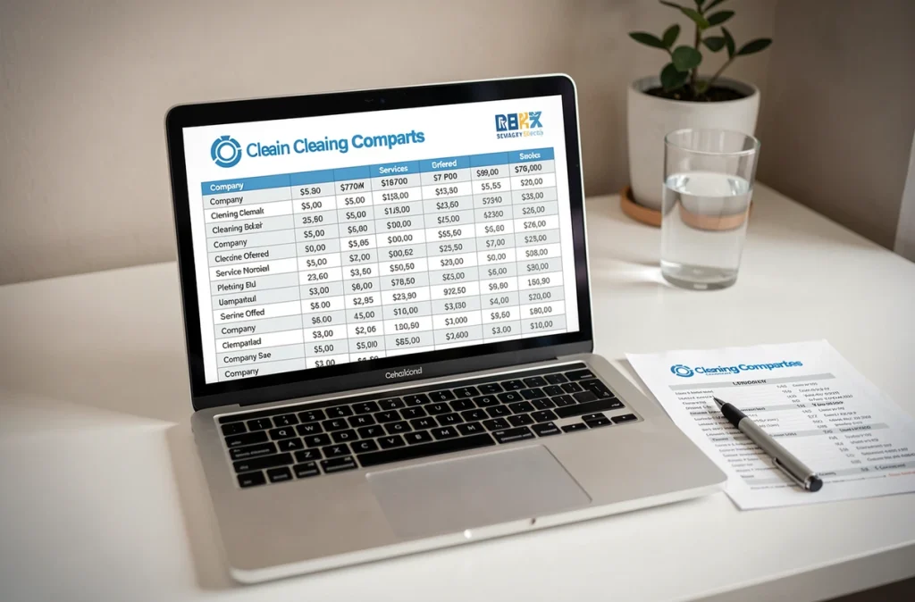 Tableau comparatif de devis d'entreprises de nettoyage affiché sur un ordinateur portable dans un bureau à domicile
