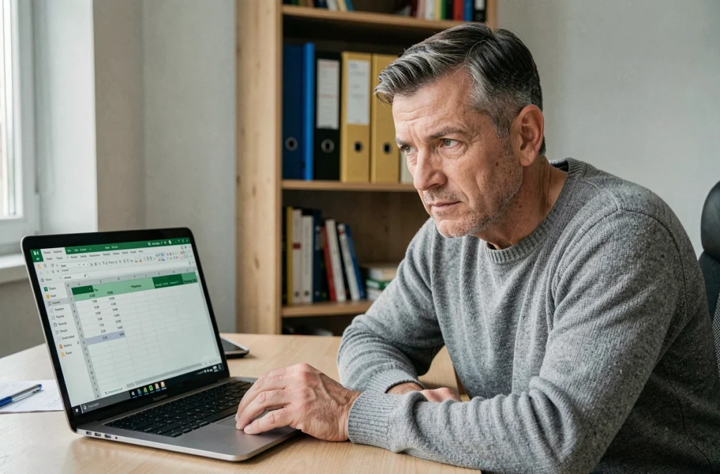 Homme en télétravail consultant un tableau de calcul d'heures mensuelles sur ordinateur portable pour vérifier le respect du droit du travail