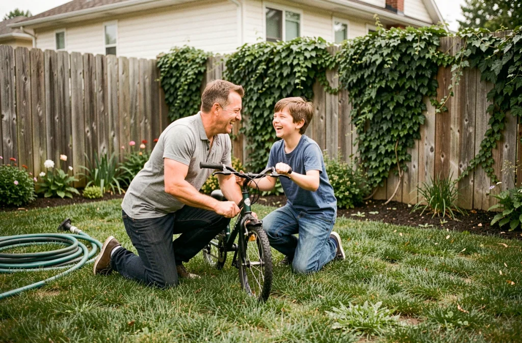 Père et adolescent partageant un moment complice en extérieur, symbolisant la reconquête du temps familial après des horaires décalés en 5x8
