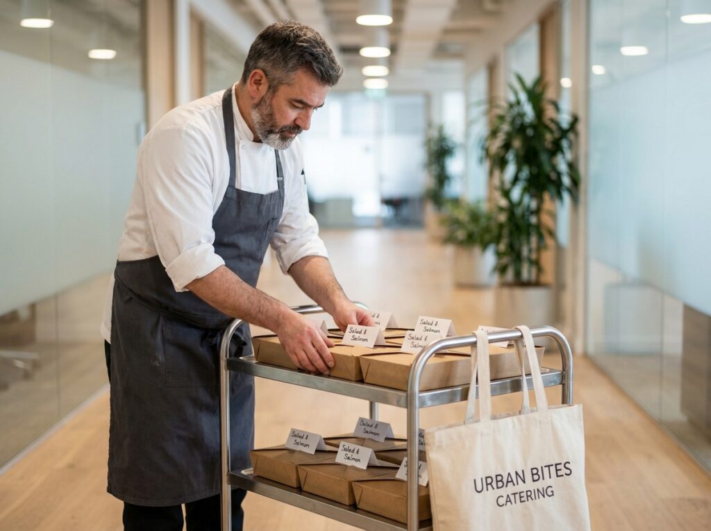Traiteur professionnel en veste blanche disposant des repas individuels en boîtes sur un chariot dans un couloir de bureau moderne