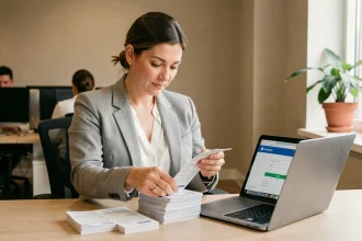 Femme professionnelle organisant des bulletins de paie papier pour les transférer vers un coffre-fort numérique sur son ordinateur portable au bureau