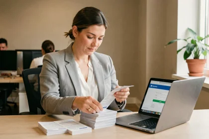 Femme professionnelle organisant des bulletins de paie papier pour les transférer vers un coffre-fort numérique sur son ordinateur portable au bureau
