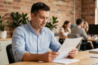 Travailleur indépendant en portage salarial examinant un contrat dans un espace de coworking moderne